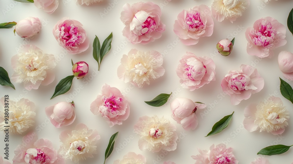 a lot of Buds of beautiful fresh peonies lie on a light milky Cyclorama a lot of Buds of beautiful fresh peonies lie on a light milky Cyclorama