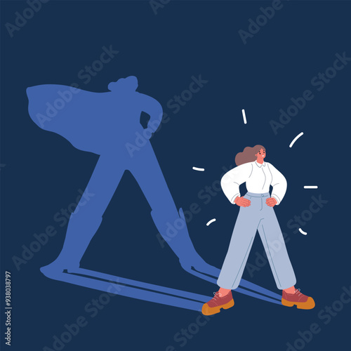 Cartoon vector illustration of Pretty businesswoman with superhero shadow on wall background. Confidence and success concept