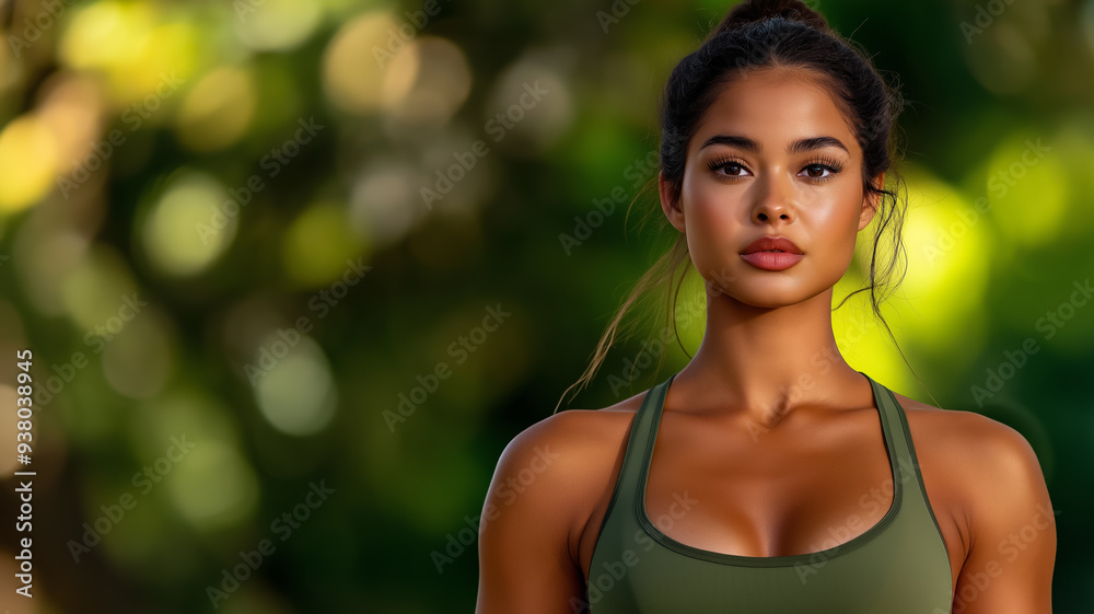 Fit Latina female fitness model in activewear posing in an outdoor park setting sunset casting a warm glow toned physique and focused expression Fit Latina female fitness model in activewear posing in an outdoor park setting sunset casting a warm glow toned physique and focused expression