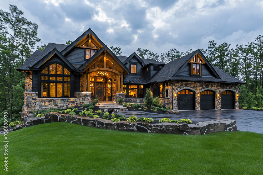 Luxurious mountain lodge-style home with stone and wood exterior, illuminated windows, and manicured landscaping at twilight against a backdrop of forest and cloudy sky.
