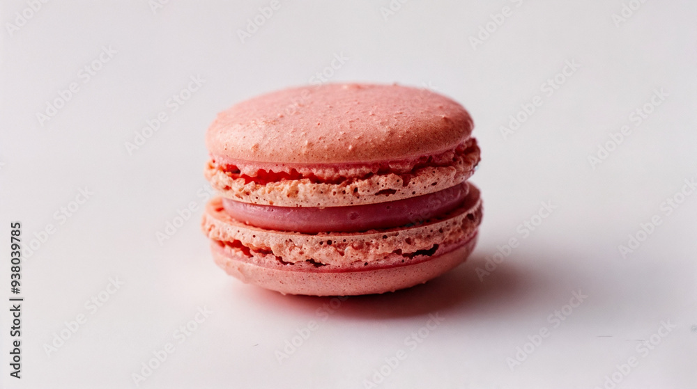 A close-up of a pink macaron cookie with a red filling, resting on a white background. A close-up of a pink macaron cookie with a red filling, resting on a white background.