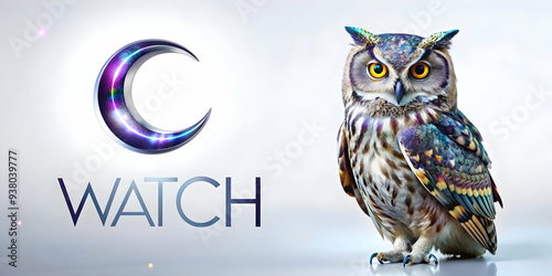 Holographic Owl and Moon with Watch Text concept as A sleek holographic owl and crescent moon with the word Watch in an elegant eerie font. The design is isolated on a white balance background offerin photo