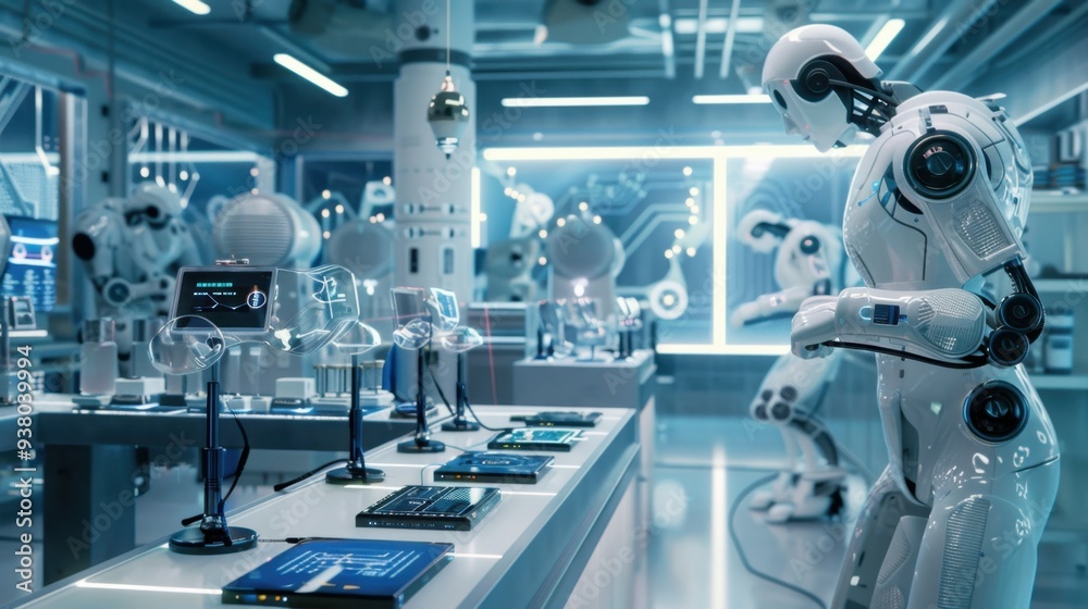 A high-tech laboratory with robotic arms conducting experiments and AI systems analyzing data A high-tech laboratory with robotic arms conducting experiments and AI systems analyzing data