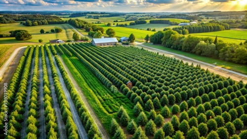 Aerial view of a legal cannabis farm in Missouri, showing rows of lush green plants under the sun, with a rural landscape in the background. photo