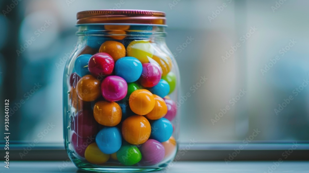 A jar filled with colorful gumballs, with their bright hues creating a cheerful, playful look