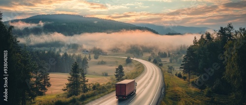 A truck driving on the road at sunset