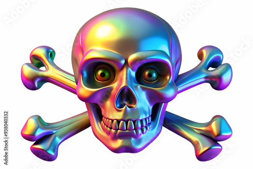 Holographic Skull and Crossbones with Beware Text concept as A vibrant glowing holographic skull and crossbones with the word Beware in a bold sharp font. The design is isolated on a white balance bac photo