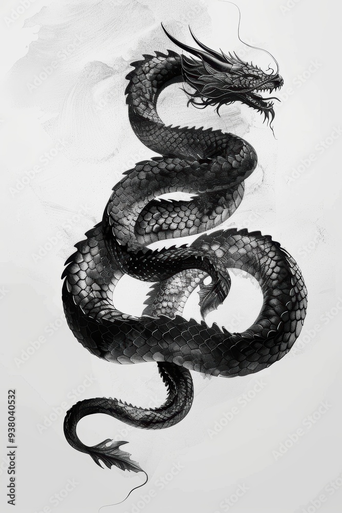 Fototapeta premium Black and White Dragon Illustration