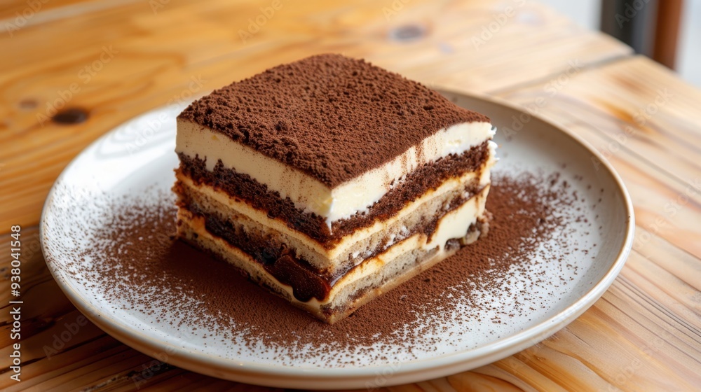 A luxurious slice of tiramisu with layers of mascarpone, espresso-soaked ladyfingers, and cocoa powder