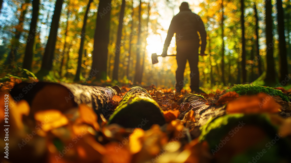 Man chops logs into smaller pieces with an axe in a thick, mossy forest with fallen leaves covering the ground Man chops logs into smaller pieces with an axe in a thick, mossy forest with fallen leaves covering the ground