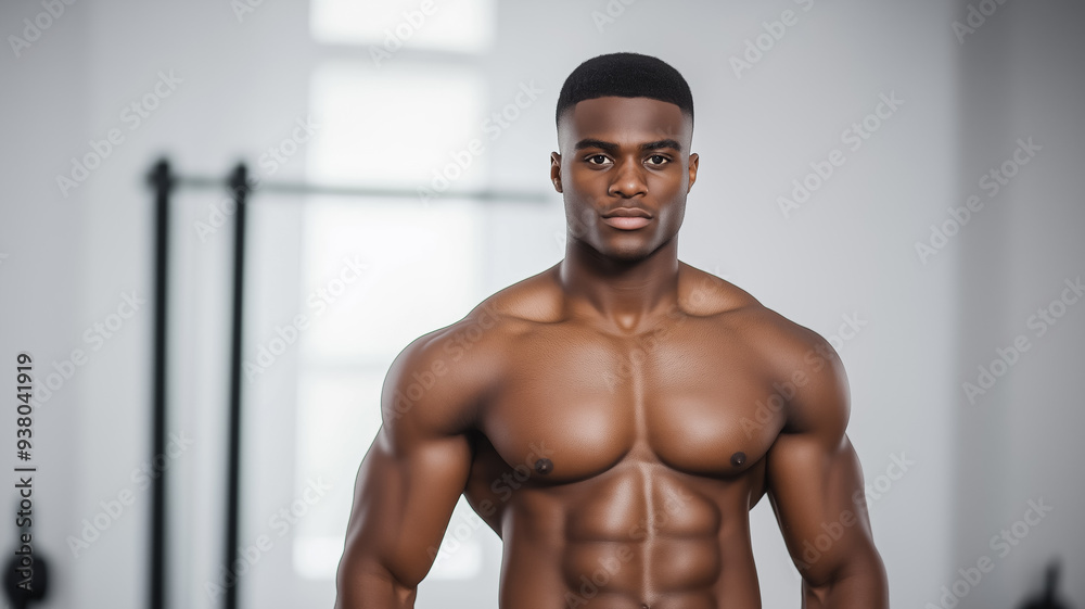 Muscular African American male fitness model posing confidently in a gym environment defined abs and strong arms visible under bright lighting showcasing strength and dedication Muscular African American male fitness model posing confidently in a gym environment defined abs and strong arms visible under bright lighting showcasing strength and dedication