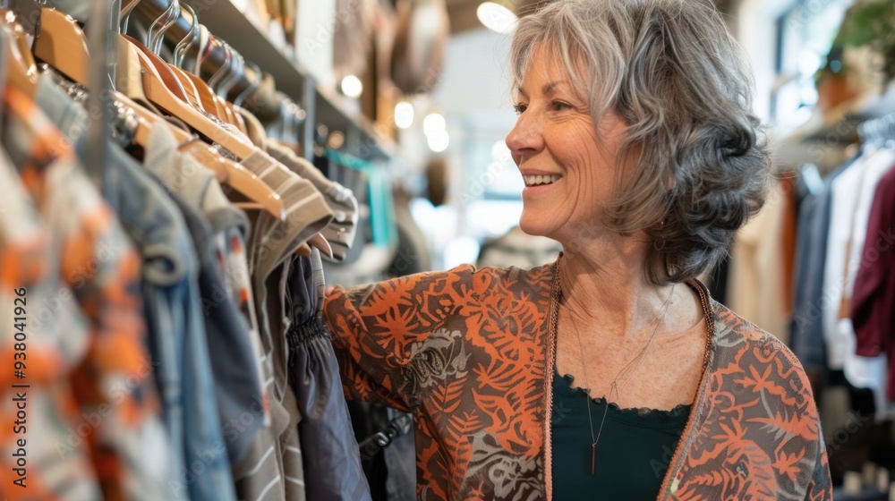 Obraz premium A middle-aged woman browsing through clothes in a boutique, smiling as she explores the racks