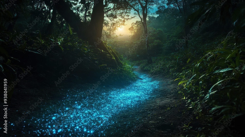 Naklejka premium Enchanting Forest Path Illuminated by Bioluminescent Light at Dusk with Lush Greenery and Majestic Trees