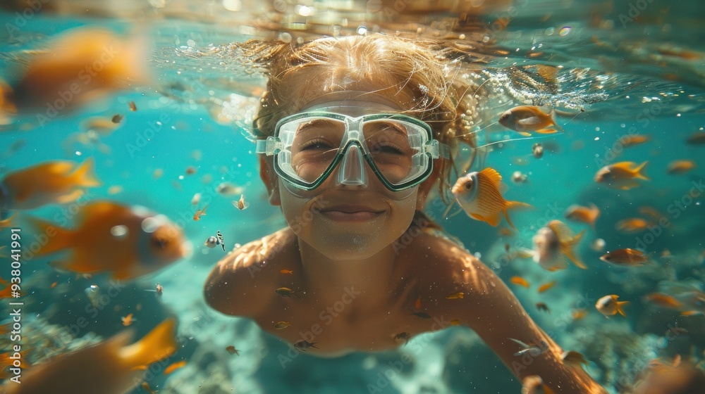 Fototapeta premium Underwater Adventure: Mother and Child Snorkeling with Colorful Fish in Coral Reef, Signaling OK for Travel Lifestyle and Summer Holiday Fun
