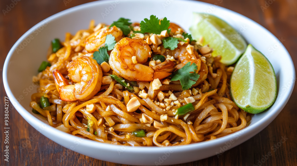 Pad Thai noodles with shrimp tangy tamarind sauce topped with crushed peanuts lime wedges and fresh cilantro warm tones vibrant Thai street food vibe Pad Thai noodles with shrimp tangy tamarind sauce topped with crushed peanuts lime wedges and fresh cilantro warm tones vibrant Thai street food vibe