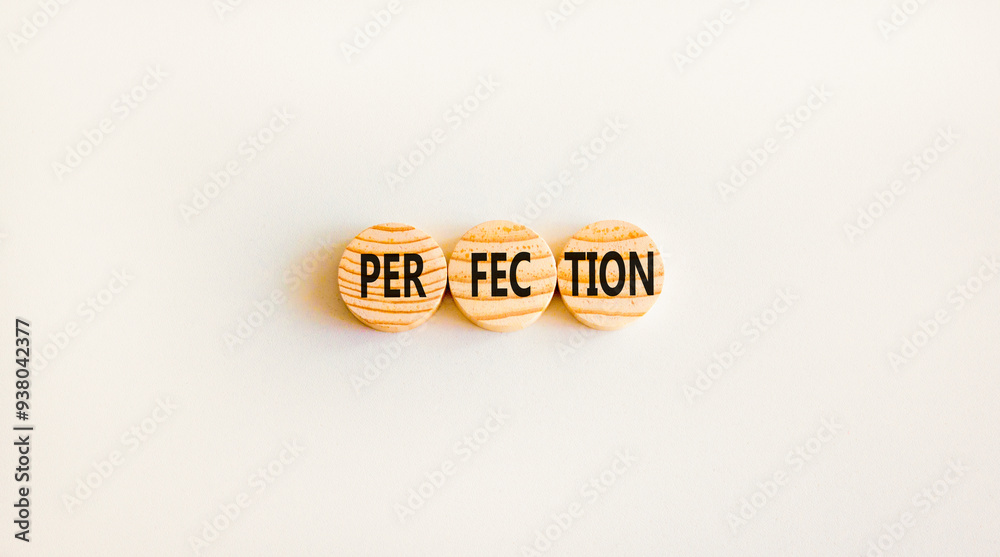 Perfection symbol. Concept word Perfection on beautiful wooden circles. Beautiful white background. Business perfection concept. Copy space. Perfection symbol. Concept word Perfection on beautiful wooden circles. Beautiful white background. Business perfection concept. Copy space.