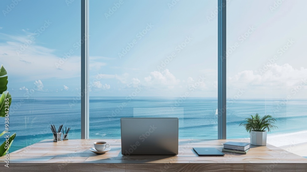 Fototapeta premium A minimalist workspace with a laptop and coffee on a desk, with a view of the ocean through a large window