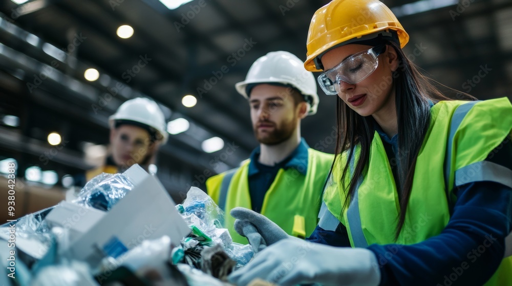 Fototapeta premium Workers recycling garbage. Sorting waste at a waste recycling plant