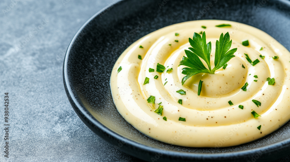 Rich ranch sauce spiraling onto a plate creamy white with specks of herbs cool tones emphasizing freshness and smooth texture against a slate background Rich ranch sauce spiraling onto a plate creamy white with specks of herbs cool tones emphasizing freshness and smooth texture against a slate background