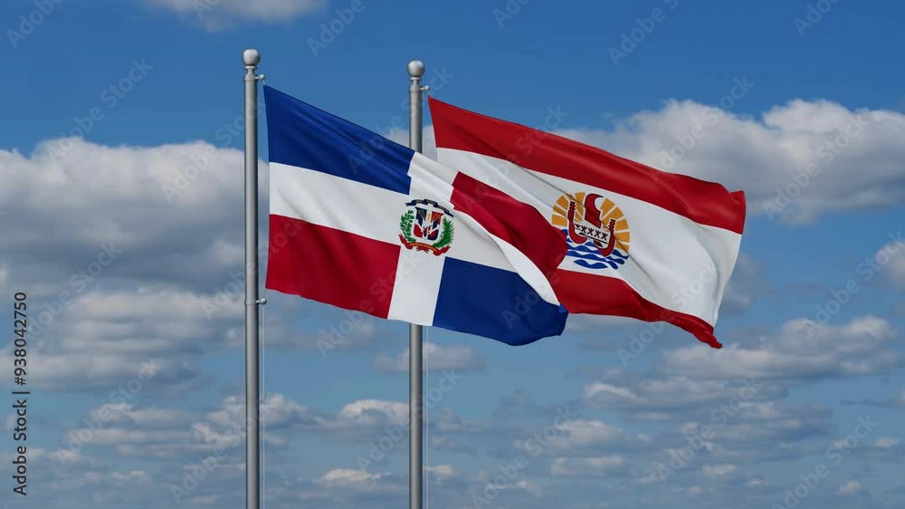 French Polynesia and Dominican flags flying together, video concept of the relationship, two country relations concept