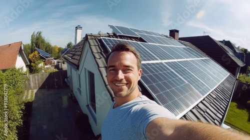 Ein Mann macht ein Selfie vor seinem Haus. Das Haus hat ine Solaranlage auf dem Dach.  photo