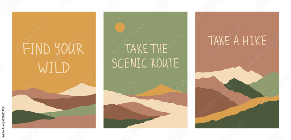 Set vertical cards with quotes and landscapes. Hiking, travel adventure ...