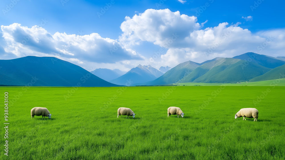 Sheep grazing peacefully in a green field with distant mountains, symbolizing the essence of sacrifice during Eid al-Adha Sheep grazing peacefully in a green field with distant mountains, symbolizing the essence of sacrifice during Eid al-Adha