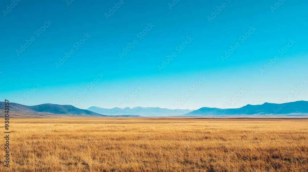Serene Landscape with Golden Grass and Blue Sky - A vast expanse of golden grass stretches towards a distant mountain range, under a clear blue sky, symbolizing tranquility, vastness, and the beauty o Serene Landscape with Golden Grass and Blue Sky - A vast expanse of golden grass stretches towards a distant mountain range, under a clear blue sky, symbolizing tranquility, vastness, and the beauty o