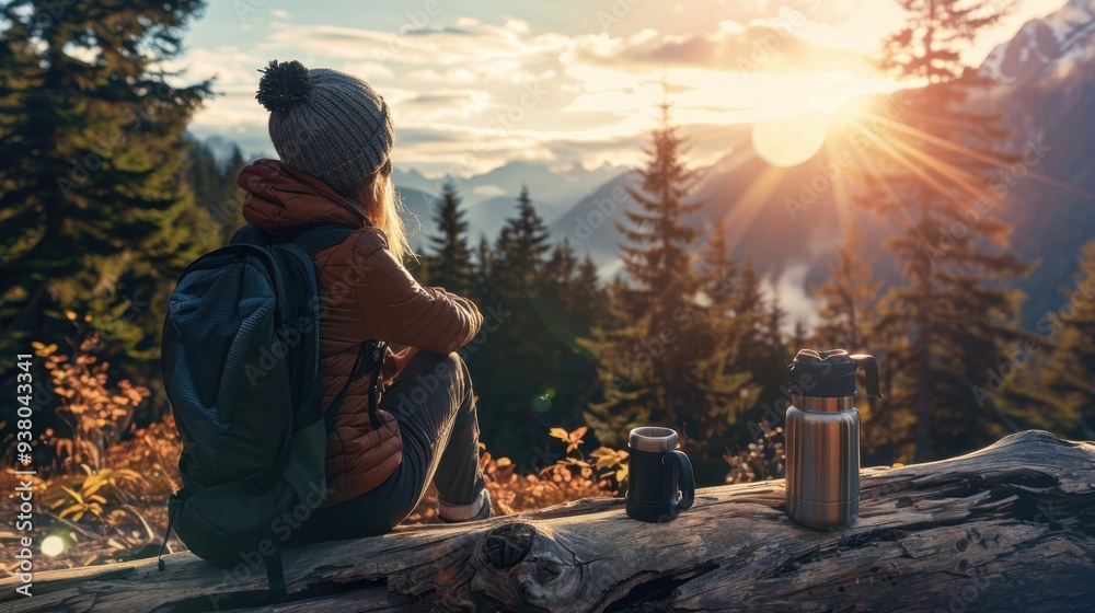 A person taking a coffee break during a hike, sitting on a log with a thermos and a scenic view A person taking a coffee break during a hike, sitting on a log with a thermos and a scenic view