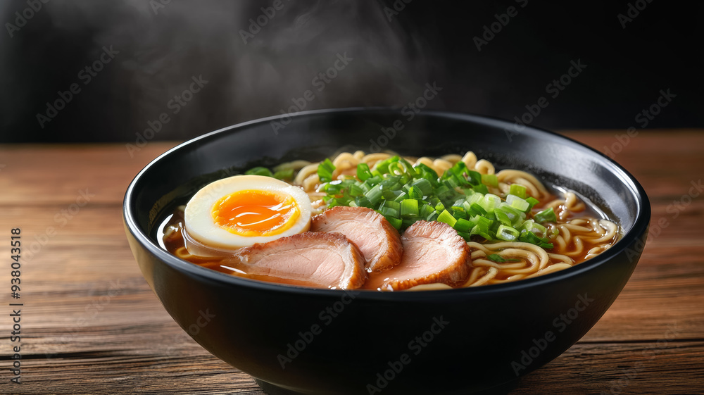 Steaming bowl of ramen with swirling noodles tender slices of pork soft-boiled egg vibrant green onions rich broth glossy texture against dark rustic background Steaming bowl of ramen with swirling noodles tender slices of pork soft-boiled egg vibrant green onions rich broth glossy texture against dark rustic background