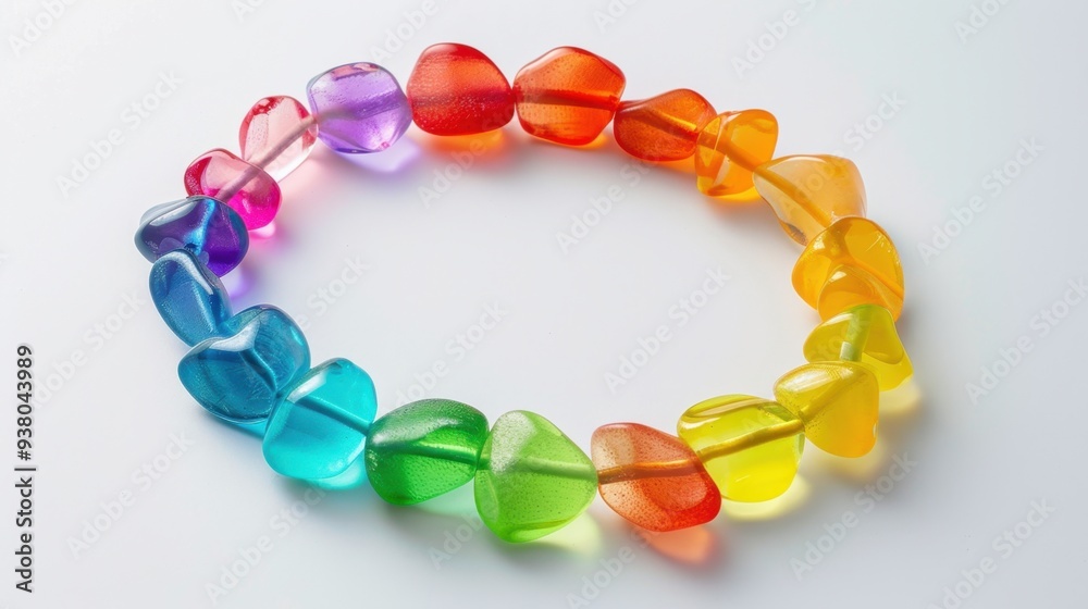 A rainbow-colored candy bracelet laid out on a white surface, showcasing the fun and playful colors A rainbow-colored candy bracelet laid out on a white surface, showcasing the fun and playful colors