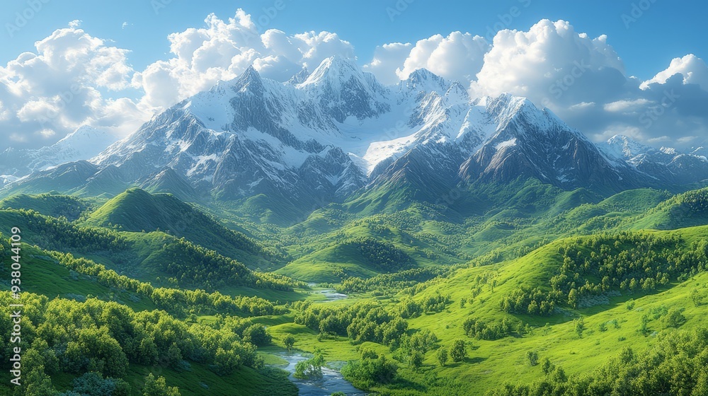 A panoramic view of a mountain range with snow-capped peaks and verdant valleys A panoramic view of a mountain range with snow-capped peaks and verdant valleys