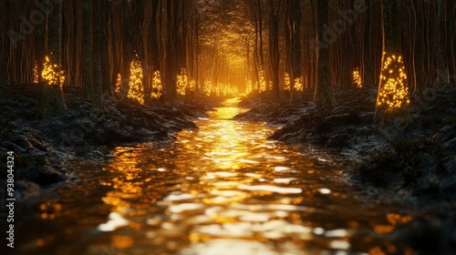 Enchanting Forest Stream Illuminated by Glowing Lights at Sunset