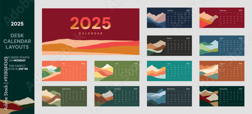 Horizontal desk calendar 210*100 mm. Printable calendar 2025 template. Hiking Travel Adventure, different colors. Vector layout of a desk simple calendar with week start Monday 12 months included