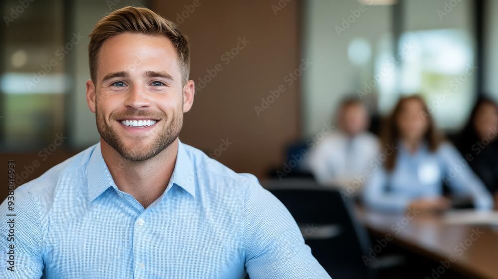 Young Caucasian man in business casual attire smiling directly at the camera while sitting at a conference table with blurred coworkers in the background Young Caucasian man in business casual attire smiling directly at the camera while sitting at a conference table with blurred coworkers in the background