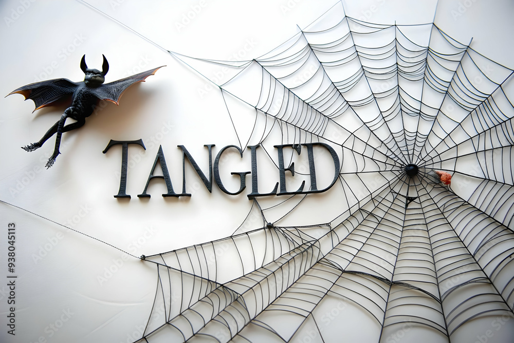 Spider Web and Bat with Tangled Text concept as An isolated vector featuring a spider web with a bat caught in it and the word Tangled in a spooky font. The elements are set against a white background Spider Web and Bat with Tangled Text concept as An isolated vector featuring a spider web with a bat caught in it and the word Tangled in a spooky font. The elements are set against a white background