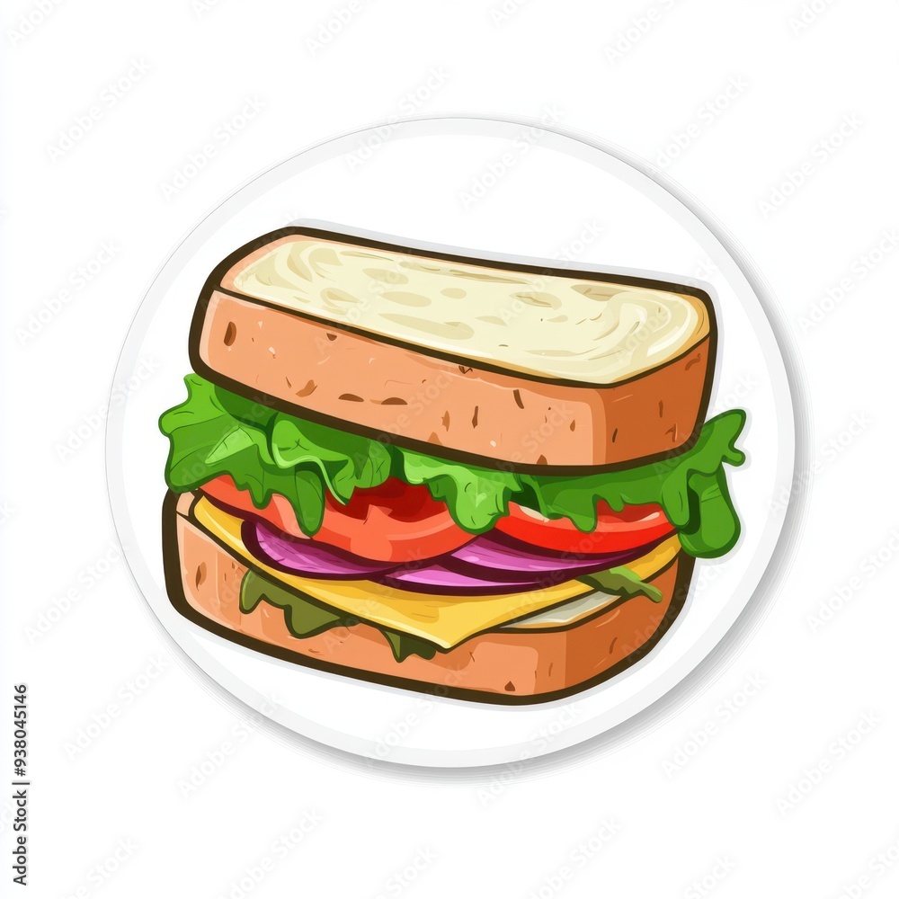 Sticker of a sandwich in circle shape, flat vector illustration, on white background, digital sticker, clipart, icon Sticker of a sandwich in circle shape, flat vector illustration, on white background, digital sticker, clipart, icon