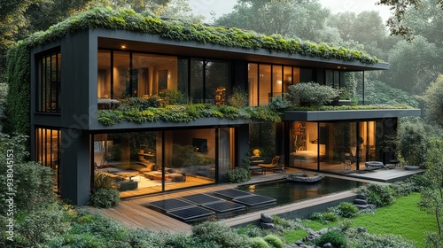 A modern eco-friendly home with a green roof, solar panels, and a garden, in a serene landscape