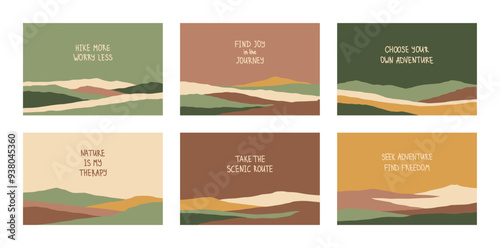 Set of horizontal posters with hiking quotes and silhouettes of mountain landscapes in flat style, earth mute colors. Design element for poster, banner. Contemporary design. Futuristic wall art decor