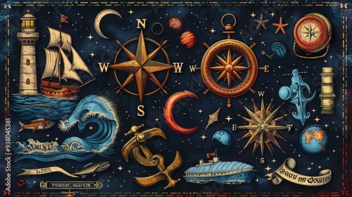 Vintage Sea Adventure Vector Collection: Hand-Drawn Retro Elements of Anchor, Compass, Lighthouse, Steering Wheel, and Waves for Tourism and Outdoor Voyage Symbols photo