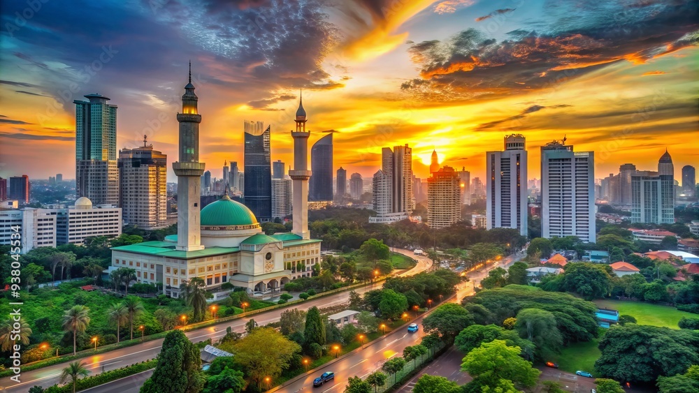 Fototapeta premium Vibrant cityscape of Jakarta, Indonesia at sunset, featuring iconic skyscrapers, bustling streets, and majestic mosques amidst a backdrop of lush tropical greenery.