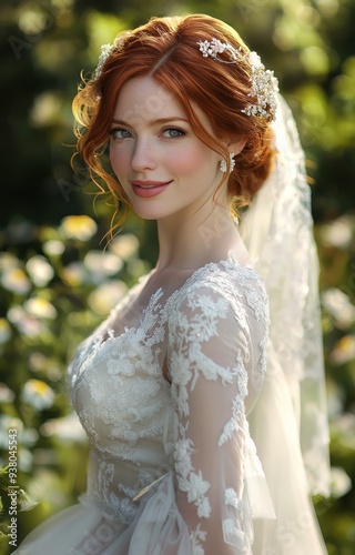 Elegant red-haired bride in a lace wedding dress, captured in a stunning outdoor portrait that highlights natural beauty and grace