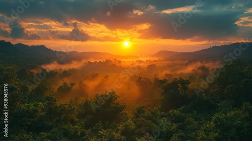 A beautiful sunrise over a pristine nature reserve, with wildlife and lush vegetation