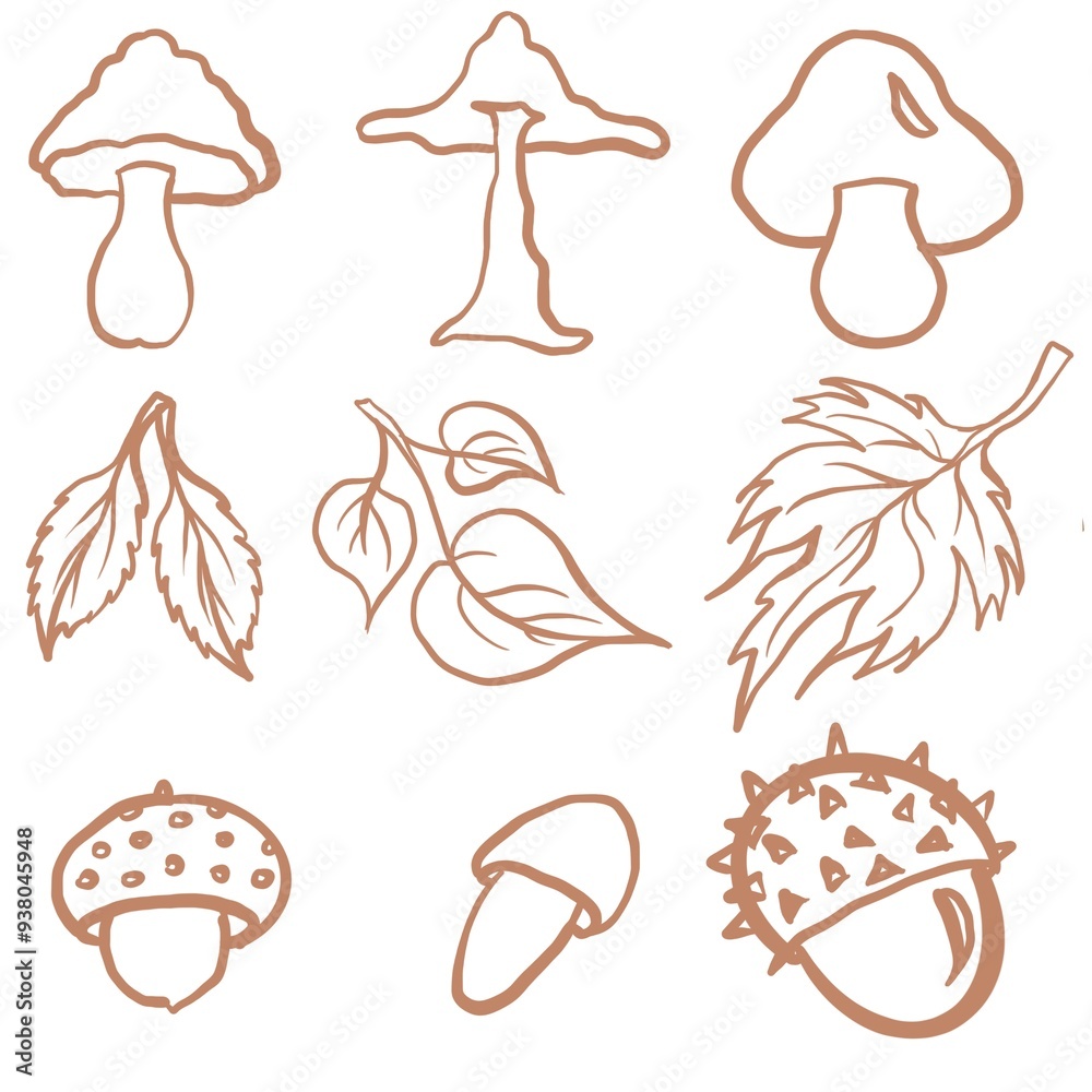 Fototapeta premium autumn, leaf fall, different types of mushrooms, leaves, chestnut set, food, icon, illustration, summer, collection, beach, cartoon, symbol, design, autumn, tree, leaf, sweet, chocolate, pattern