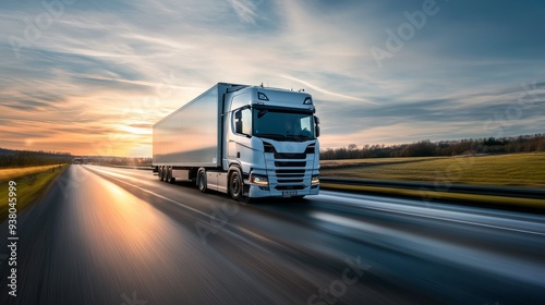 modern european semi truck going down a highway on a sunny day
