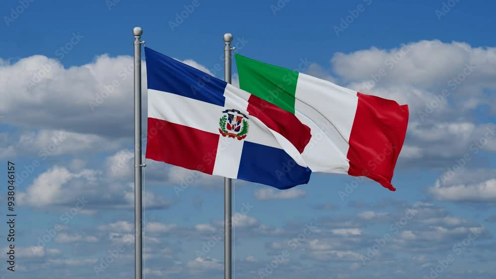 Italy and Dominican flags flying together, video concept of the relationship, two country cooperation concept Italy and Dominican flags flying together, video concept of the relationship, two country cooperation concept