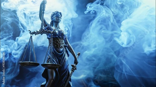 Lady Justice with scales and sword on a dark background with blue smoke with copy space. Legal and judicial concept