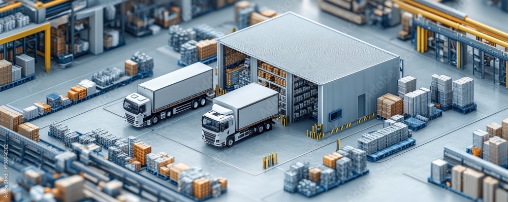 Overhead view of with white truck isometric view of an industrial logistics building Overhead view of with white truck isometric view of an industrial logistics building