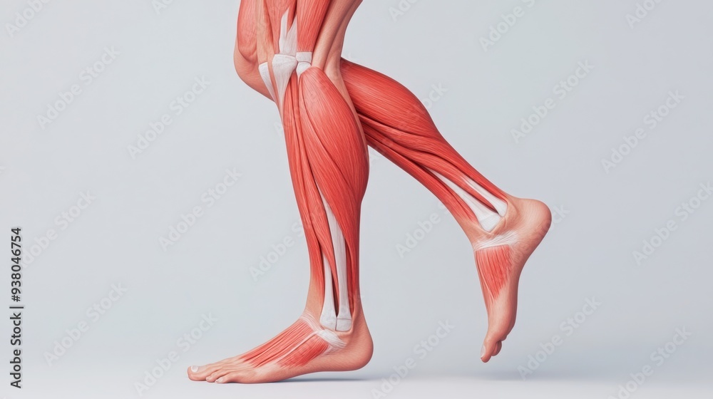 Muscular leg in motion, showing quads, hamstrings, and calf muscles, 3D illustration Muscular leg in motion, showing quads, hamstrings, and calf muscles, 3D illustration