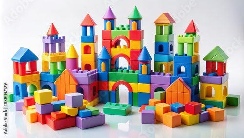 Vibrant colorful blocks scattered on a white surface, forming a partial castle with towers, windows, and a moat, surrounded by loose pieces and shapes.